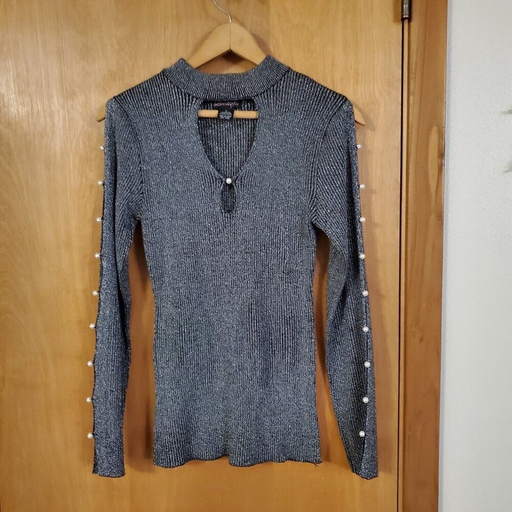 Questions Ladder Sleeve Mock Neck Top Womens Med Black/Silver